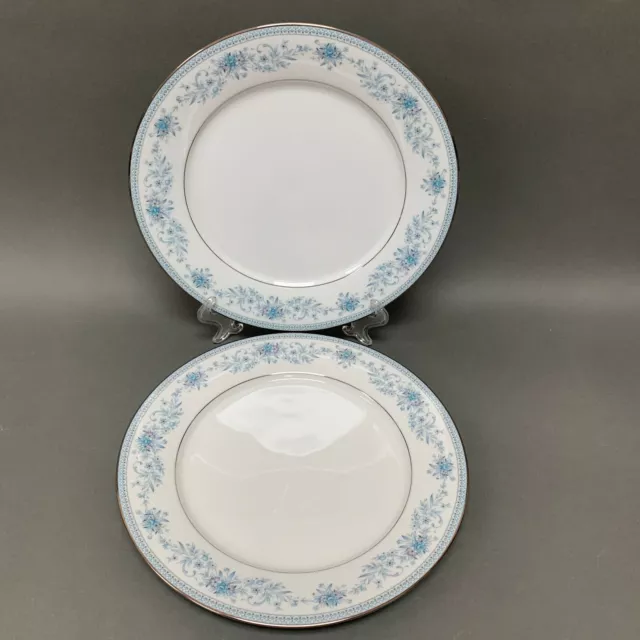 Noritake Blue Hill 2482 Dinner Plates Blue White Floral Platinum Trim Lot of 2