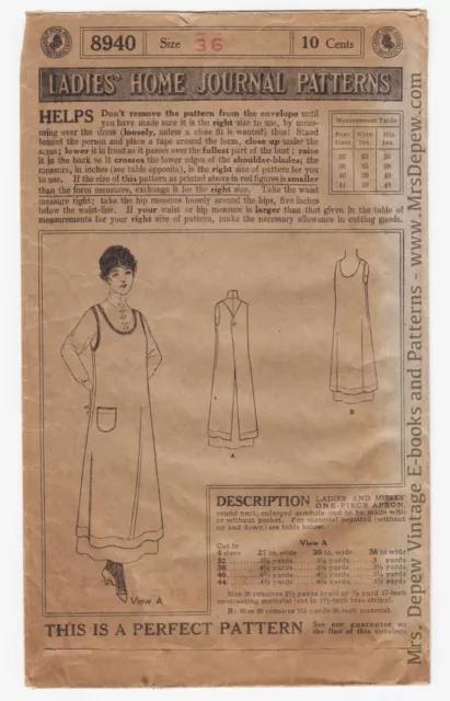 Vintage Sewing Pattern Very Rare 1910s One-Piece Apron Ladies Home Journal 8940