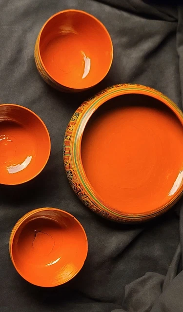 Antique 4 Burmese Lacquerware Bowls Rooster, Orange, black, multicolor 3