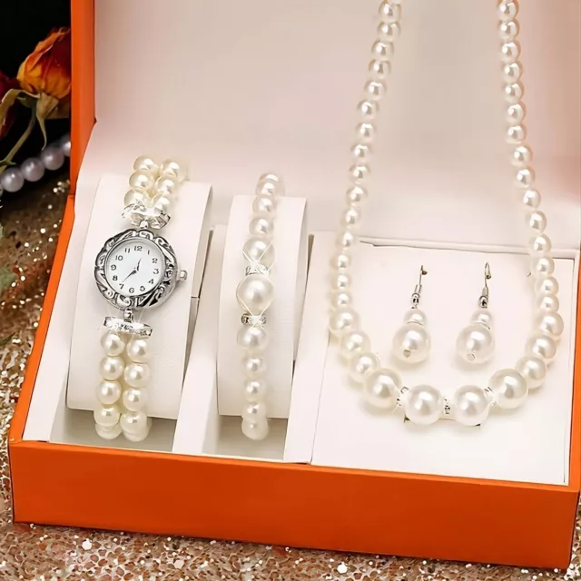 Perlen Schmuckset Uhr Kette Armband Ohrringe Weiß 4-Teile Braut Geschenk Set Box