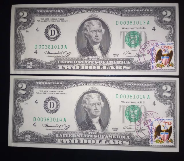 First Day Issue- 1976 $2 Fed Reserve Notes 2-Consecutive "Postmarked" Canton, OH