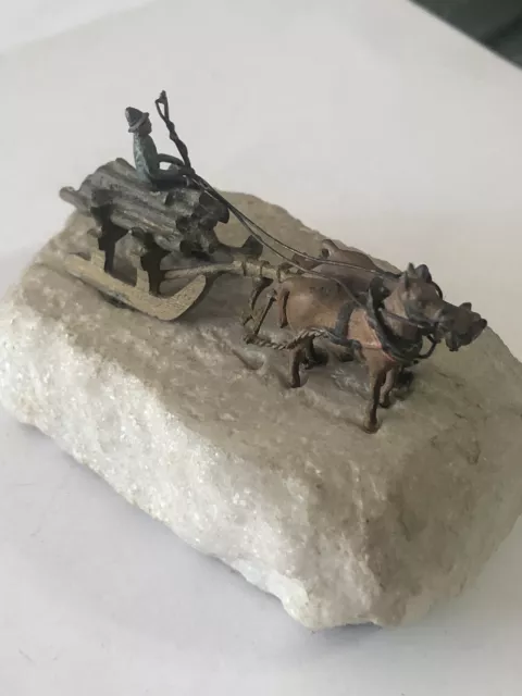 Vintage Miniature Metal Sculpture 2 Horse Drawn Sled Man + Lumbar On Stone Base