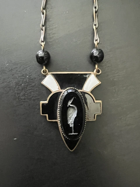 Vtg PIDIDDLY LINKS Art Deco Style Intaglio Glass CRANE Bird Pendant Necklace N37