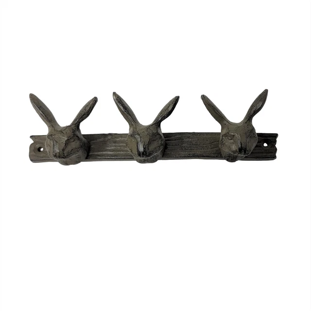 Cast Iron Rabbit Head Triple Wall Hook 3 Coat Clothing Towel Wide Bronze 6 in