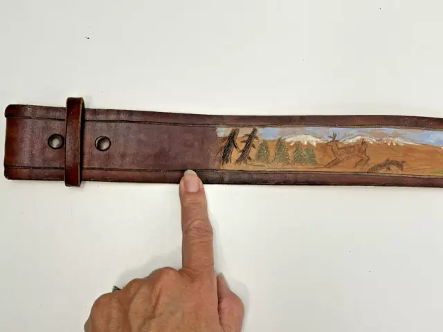 Hand Painted Etched Leather Belt Strap Deer Bear Hunter Mountains 3