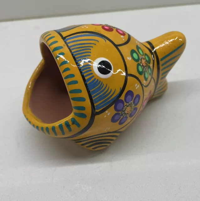 Mexican Folk Art Clay Pottery Fish Sponge Holder Planter Multicolor Ashtray