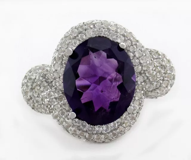 GENUINE 5.38 Cts AMETHYST & WHITE SAPPHIRE RING .925 SILVER - New With Tag