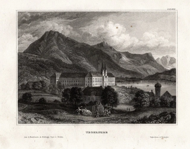 Tegernsee Baviera Mies Bach Vista View Incisione Acciaio Engraving 1850