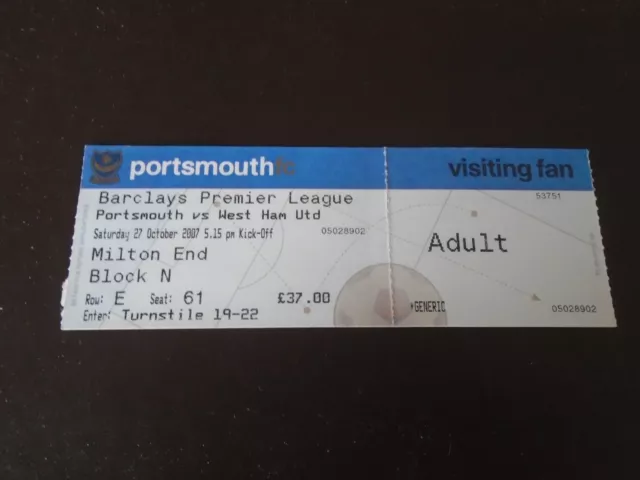 Portsmouth v West Ham United FA Barclays Premier League Ticket Stub 27/10/07