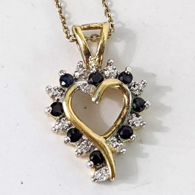 Sapphire & Diamond Pendant Heart Necklace Gold over Sterling  18” Chain 925 RSE