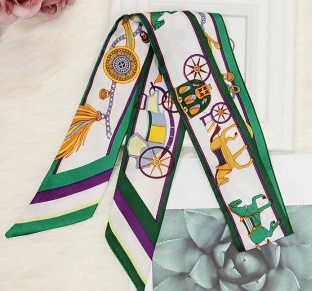 Sciarpa collo in twill seta - cavallo, carrozza, verde, bianco, oro, viola