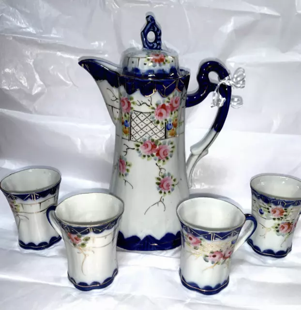 ♡Vintage Nippon Chocolate/ Tea Pot Pitcher Set W/ 4 Cups Blue Pink Roses Floral