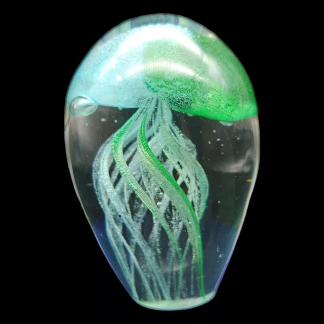 Handmade Jellyfish Art Glass Paperweight Figurine - 3" Small Blue & Green Ocean