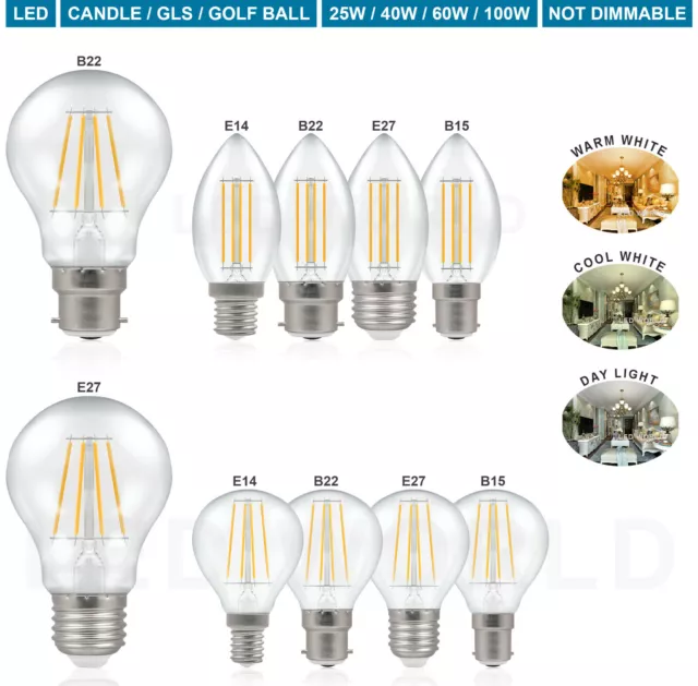 40W 60W 100W LED Filament Edison Bulbs E27 B22 E14 Light Candle Globe GLS Lamp