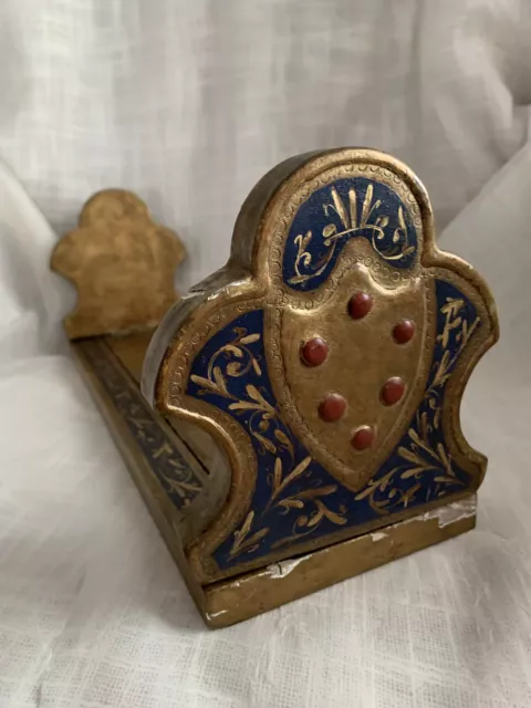 Vintage Wooden Italian Sliding Shield Bookends: Painted Navy, Red & Gold Gilt 2