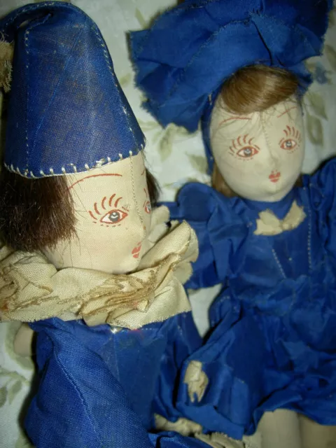 PAIR rare, French Toy League, antique cloth, "Pierrot & Pierrette" boudoir dolls