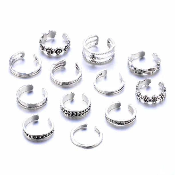 12pcs Adjustable Toe Rings Women Silver Gold Open Ring Beach Foot Jewelry Set