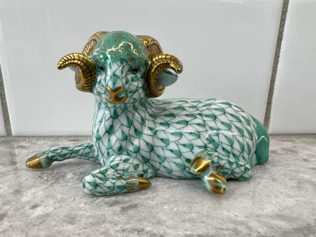 Herend Ram Green Fishnet Porcelain Figurine With 24K Gold Accents