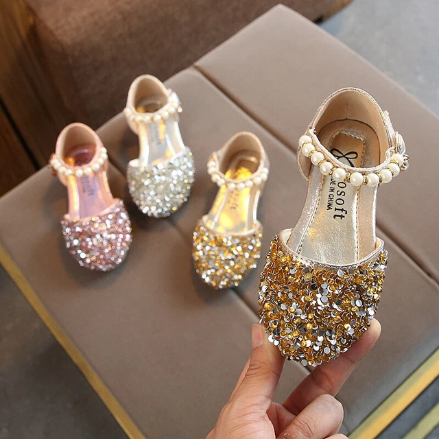 Toddler Girls Ankle Pearls Strap Sequin Sandals Kids Baby Princess Wedding Shoes
