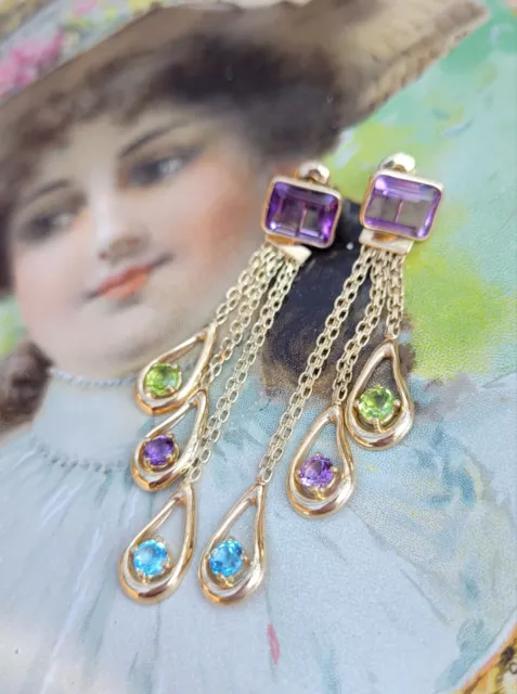VTG 14K GOLD Gemstone Dangle Pierced Earrings Amethyst Peridot Blue ...