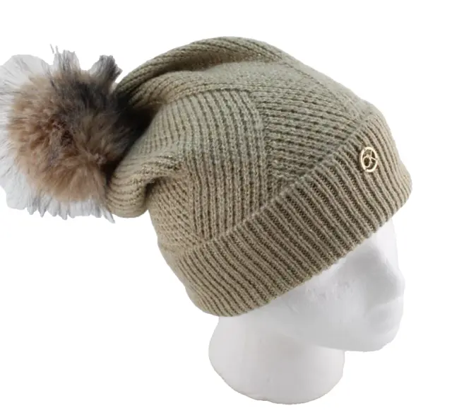 CALVIN KLEIN Almond with Sparkle Highlights Gold Logo Badge Pom Beanie MSRP $48