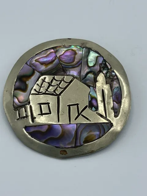 Vintage Hecho En Mexico Abalone Handmade Inlay Carved Round Pendant Brooch