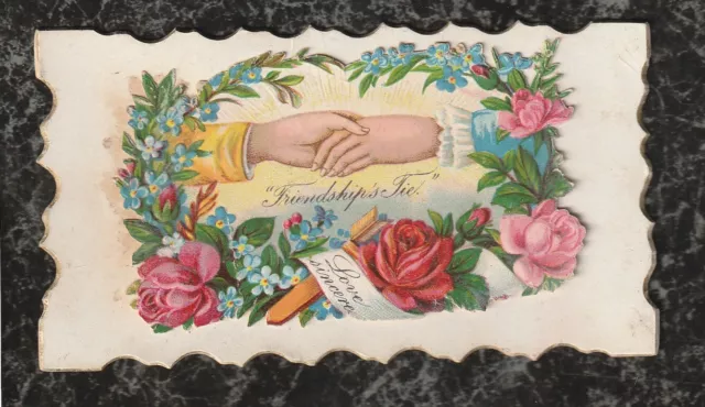 Victorian Hidden Name Calling Card Holding Hands Friendship's Tie - Grattan 4x2