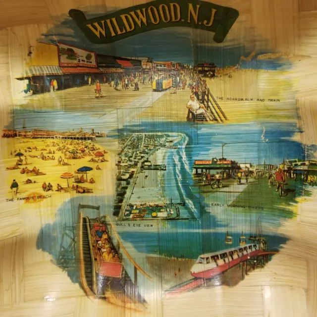 Vintage Wildwood NJ Souvenir Bamboo Bowl Roller Coaster Bikers Boardwalk Beach