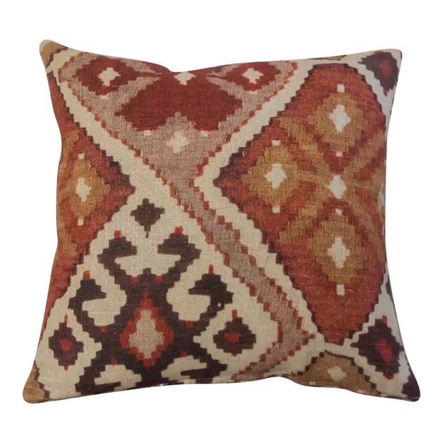 Linen Printed Kilim Ikat Cushion. Double Sided. 17x17". Terracotta Orange.