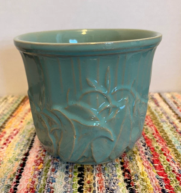 VINTAGE MCCOY POTTERY aqua-green jardiniere/planter w/ lillies & leaves
