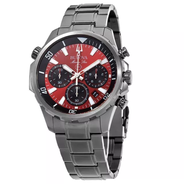 Bulova Marine Star Chronograph Red Dial Quartz 98B350 Men's Watch 100M Case 43mm