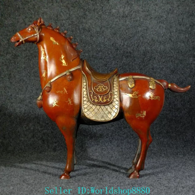 14'' Ancient China Dynasty Red Bronze Gilt 12 Zodiac Animal Horse Sculpture