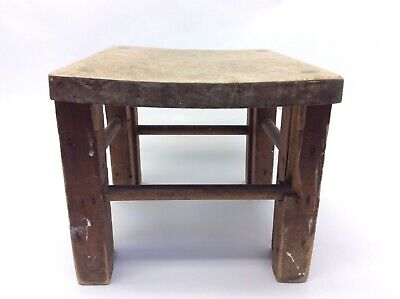 Antique Old Wooden Four Legged Footstool Stool Country Motif Plant Stand 2