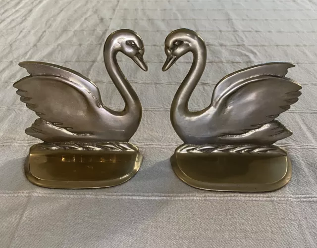 Brass Swan Bookends Pair Of 2 Vintage Solid Mid Century Modern MCM Taiwan