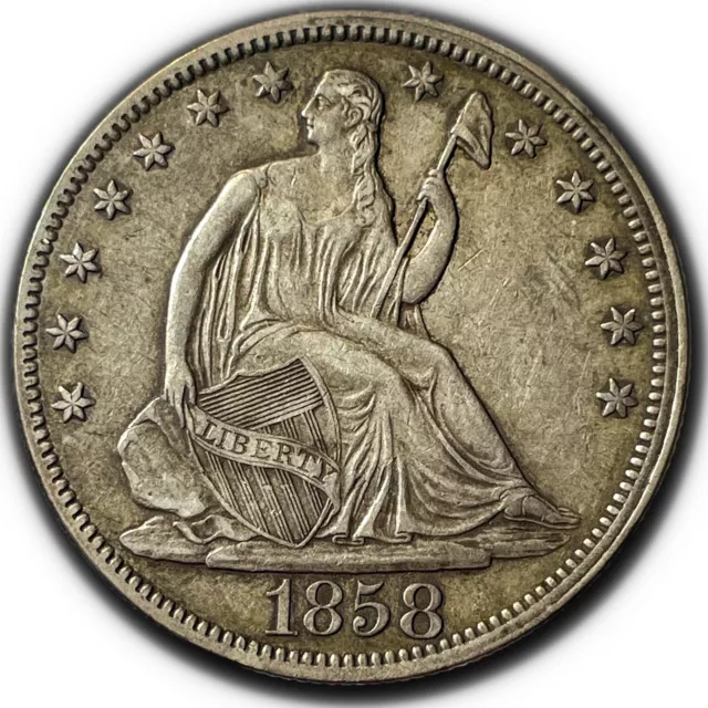 AU+ 1858 Seated Liberty Half Dollar Coin - SILVER - Scarce in High Grades