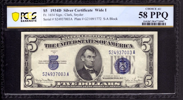 1934 D $5 Silver Certificate Note Fr.1654 Wide Sa Block Pcgs B Choice Au 58 Ppq