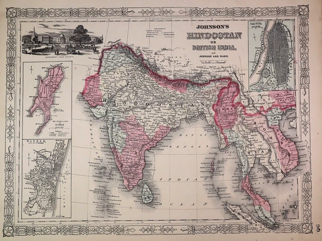Authentic Antique 1863 Johnson Atlas Map ~ HINDOOSTAN - SIAM ~ (14x18) -#1445