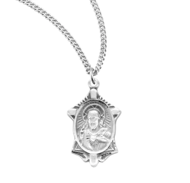 Sterling Silver Scapular Sacred Heart Cross Medal Pendant Necklace, 9/10 Inch