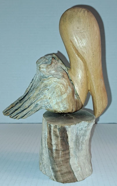 Artist Gaspar Mendoza Hand Carved Pelican Driftwood Sculpture Figurine Signed