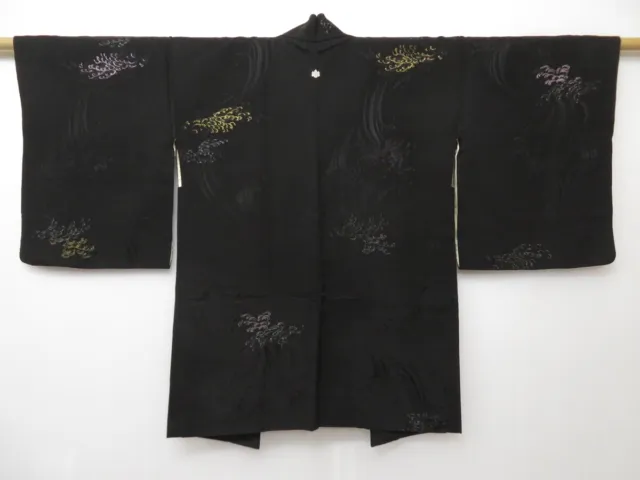 1331T07z570 Vintage Japanese Kimono Silk HAORI Black Wave