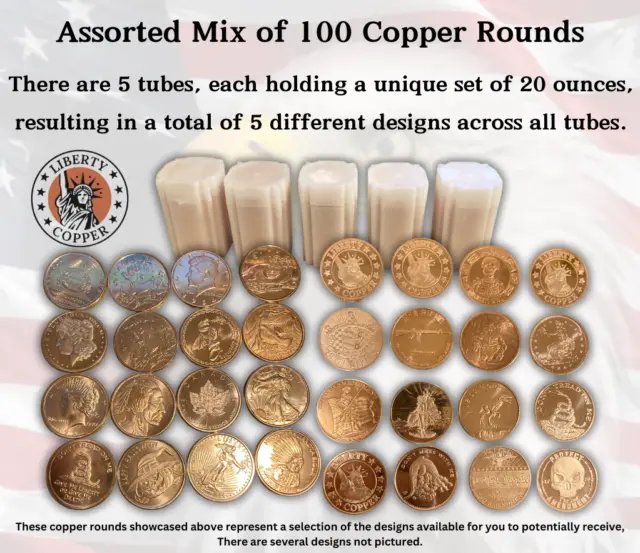 100 Ounce Lot Of Random Designs - 1 Oz Copper Rounds - Bullion - Liberty Copper