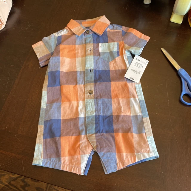 Carters Infant Boys Blue & Coral Plaid Romper Baby Bodysuit Outfit 3-6M