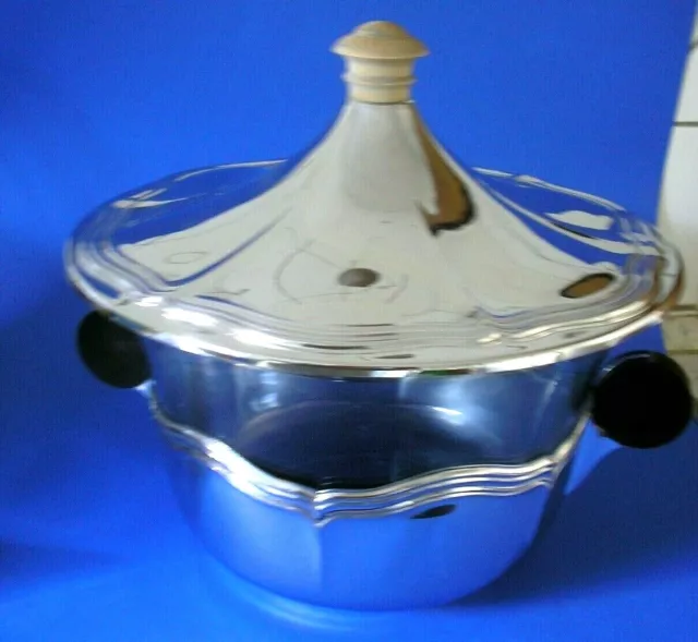 Art Deco grosse Bowle Metall verchromt mit rauchgrauem Glaseinsatz