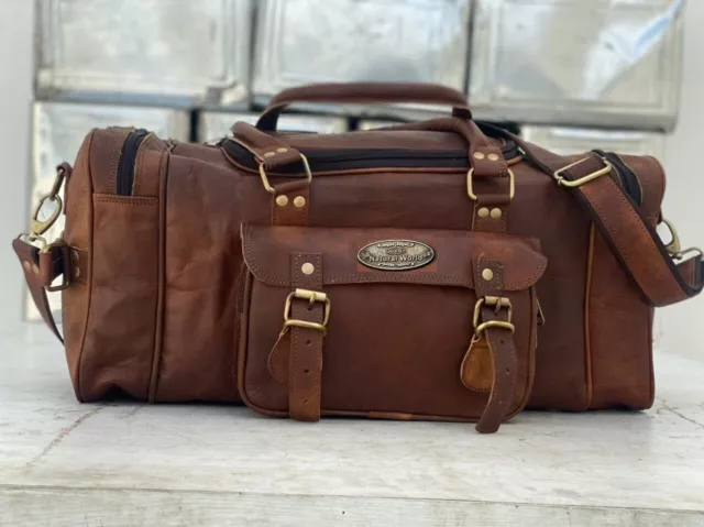 Leather Bag Travel Men Gym Luggage Duffel Vintage Dark Brown Waxed Weekend Bag