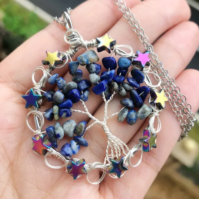 Lapis Lazuli Gem Tree Of Life Water-Drop Necklace Chakra Reiki Healing Amulet