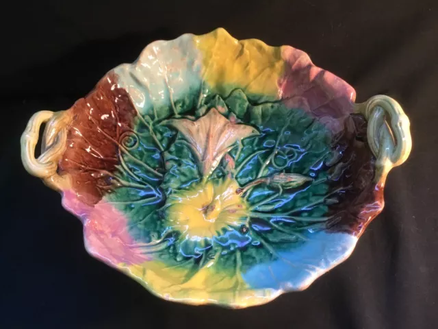 Antique English Victorian Majolica Footed & Handled Morning Glory Bowl Compote
