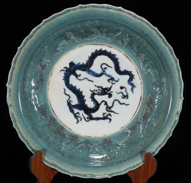 17.3" old antique yuan dynasty blue white porcelain flower dragon pattern plate