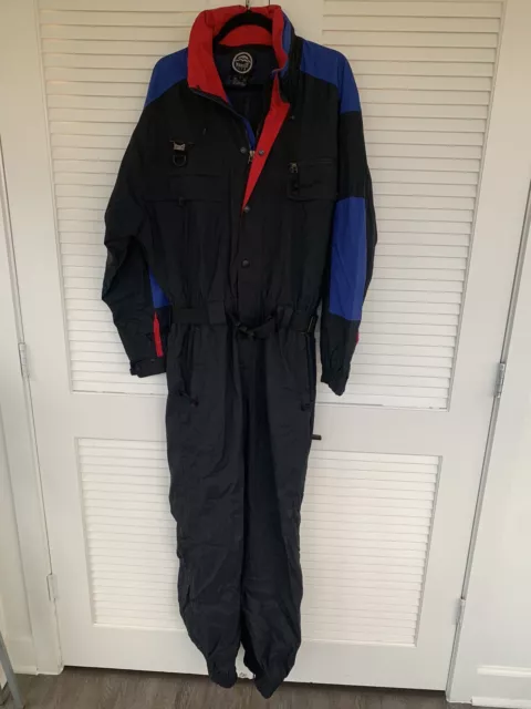 Marker Insulated One Piece Snow Ski Suit Men's Size Large Black Blue Red Vintage