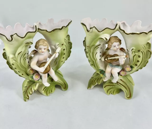 Pair Vintage Ardalt Cherub Angel Double Arm Vase Bisque Porcelain