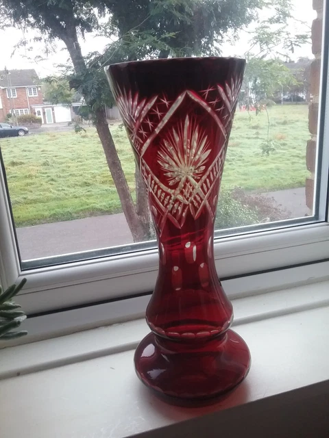 Vintage Deep Ruby Red Cut To Clear 28.5cms Vase Bohemian?